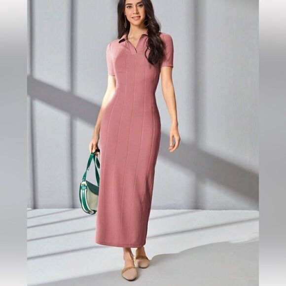 Solid Split Hem Fitted Dress Dusty Pink Size M (6) - Picture 3 of 4